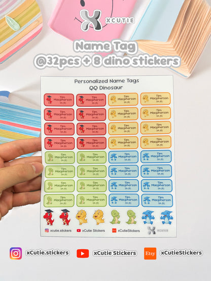 Personalized Dinosaur Name Tag Stickers • School Labels, Waterproof (32-Pack)