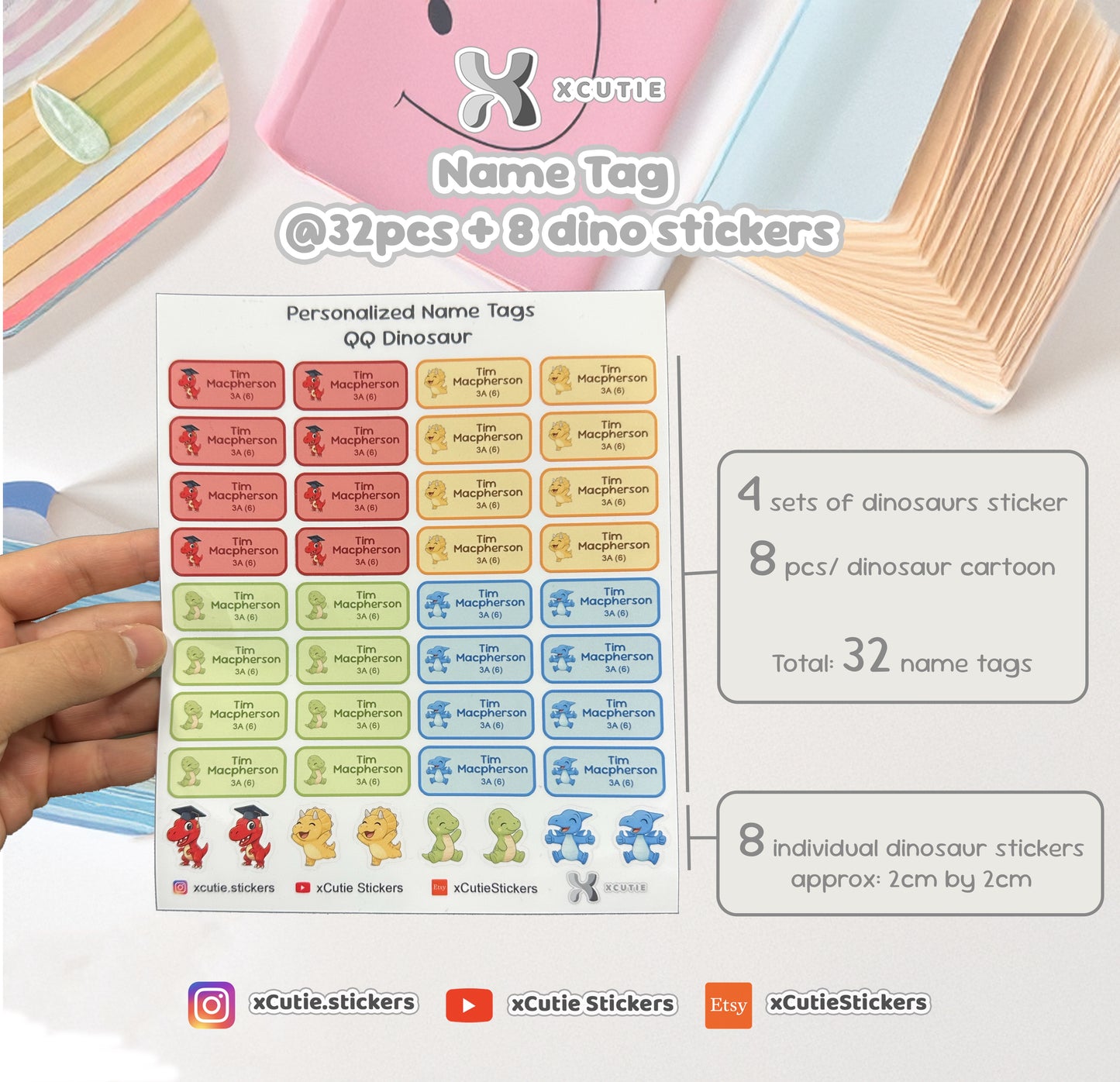 Personalized Dinosaur Name Tag Stickers • School Labels, Waterproof (32-Pack)