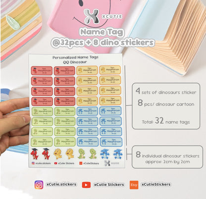 Personalized Dinosaur Name Tag Stickers • School Labels, Waterproof (32-Pack)