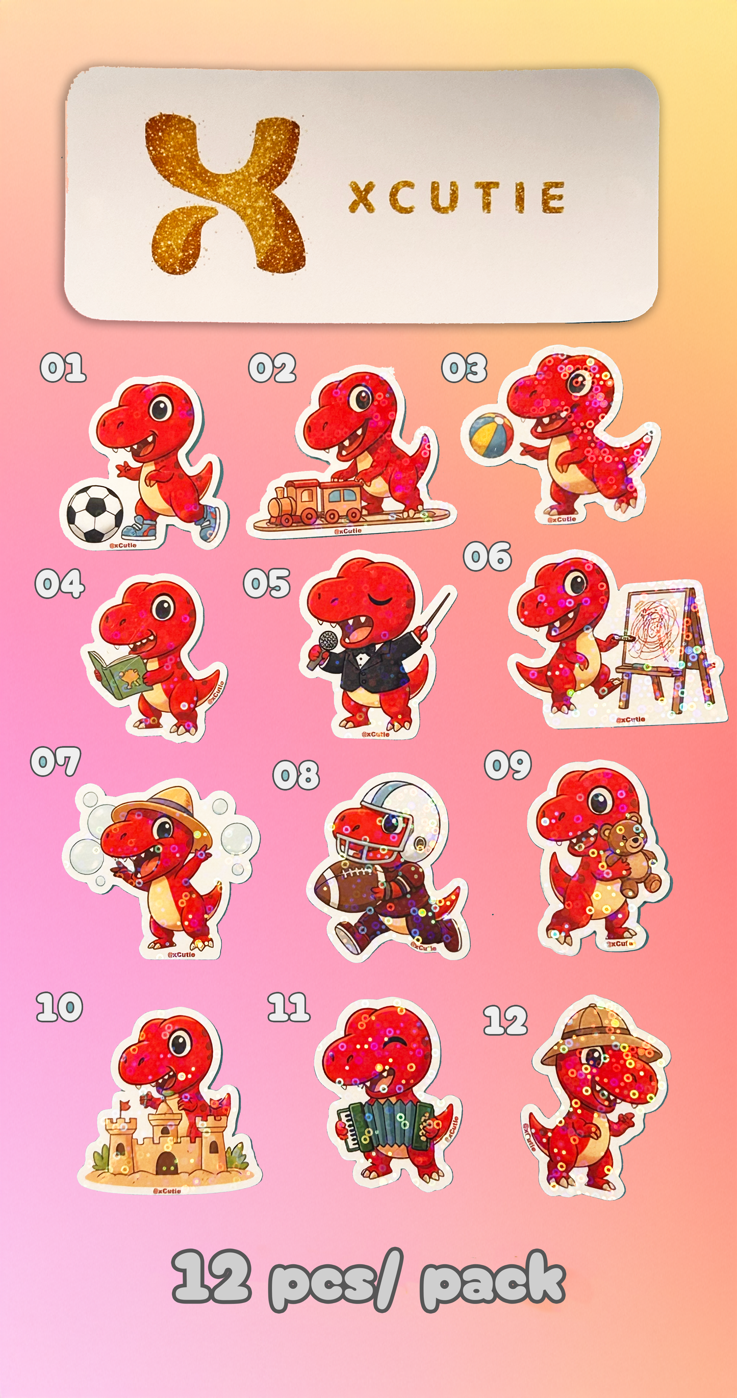 QQ Dino - Trex - Dinosaur  Vinyl Sticker Set #01 | 12 pcs/ pack