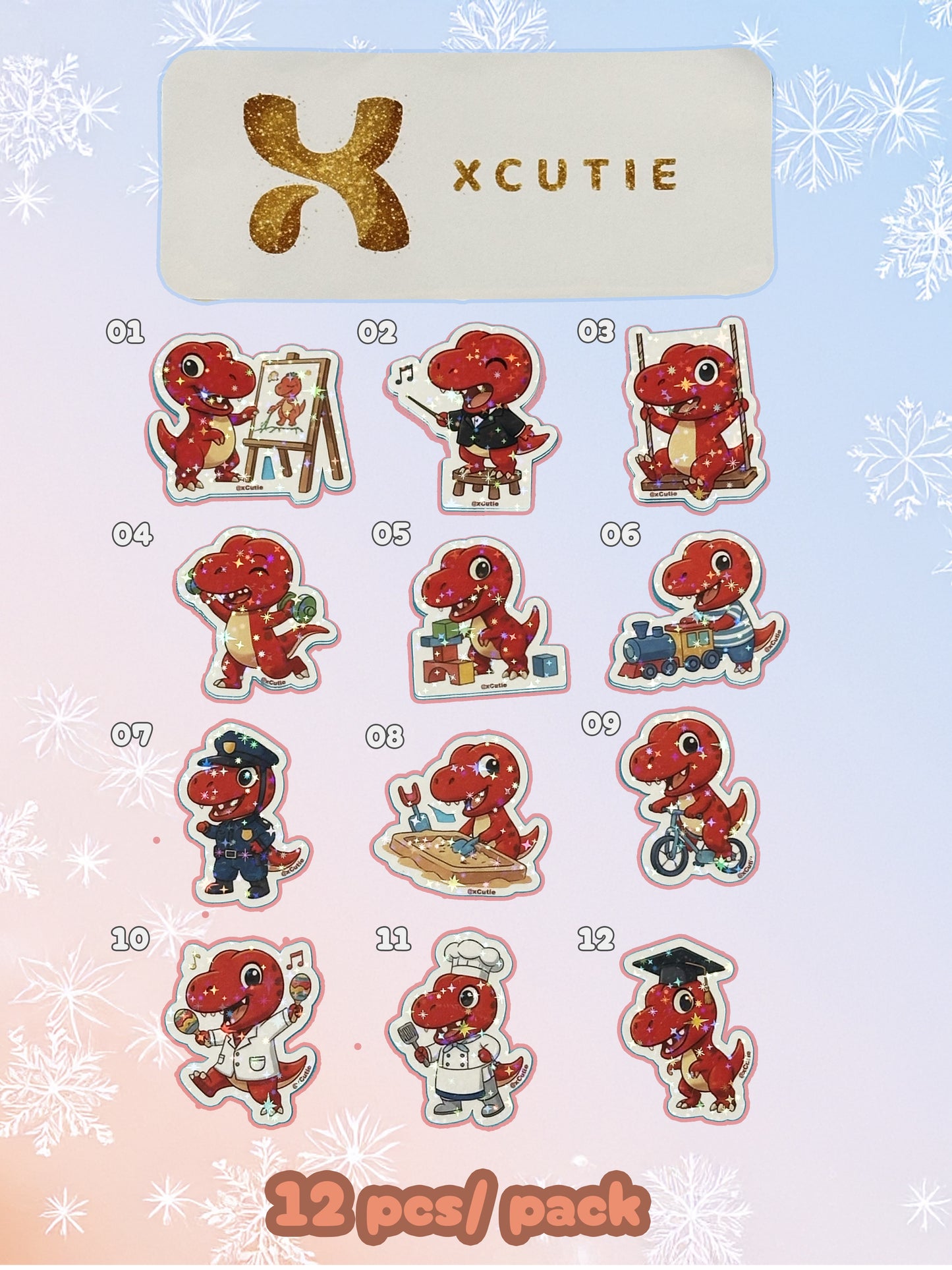 QQ Dino - Trex - Dinosaur  Vinyl Sticker Set #02 || 12 pcs/ pack