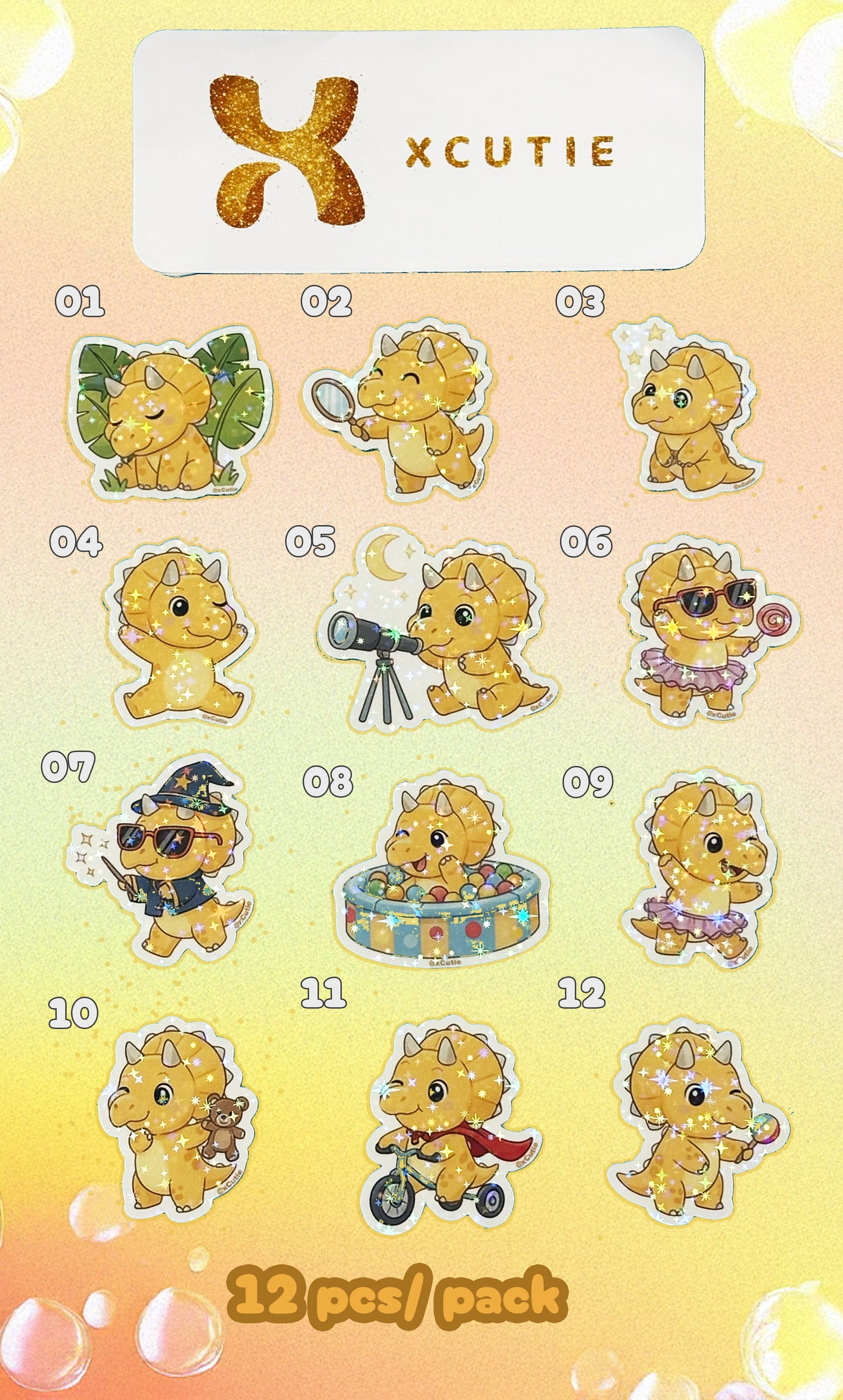 QQ Dino - Triceratops - Dinosaur  Vinyl Sticker Set #03 | 12 pcs/ pack