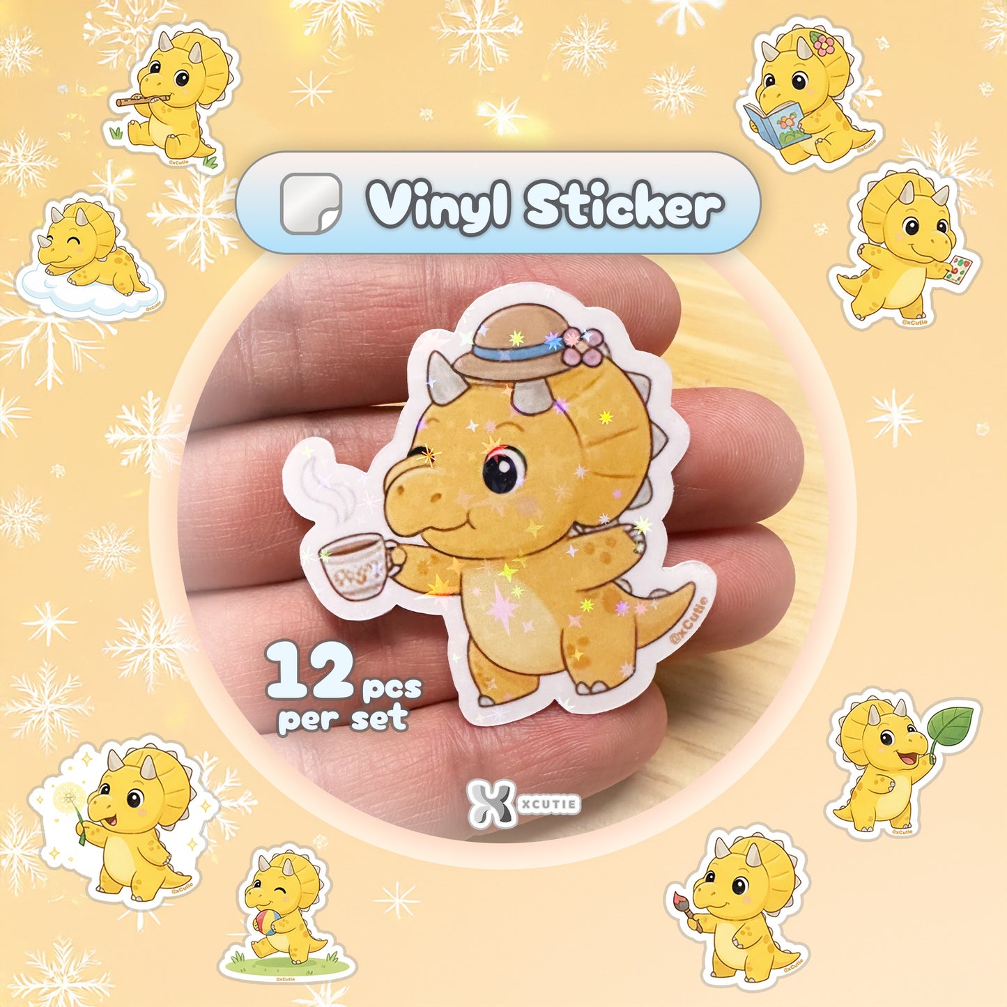 QQ Dino - Triceratops - Dinosaur  Vinyl Sticker Set #01 | 12 pcs/ pack