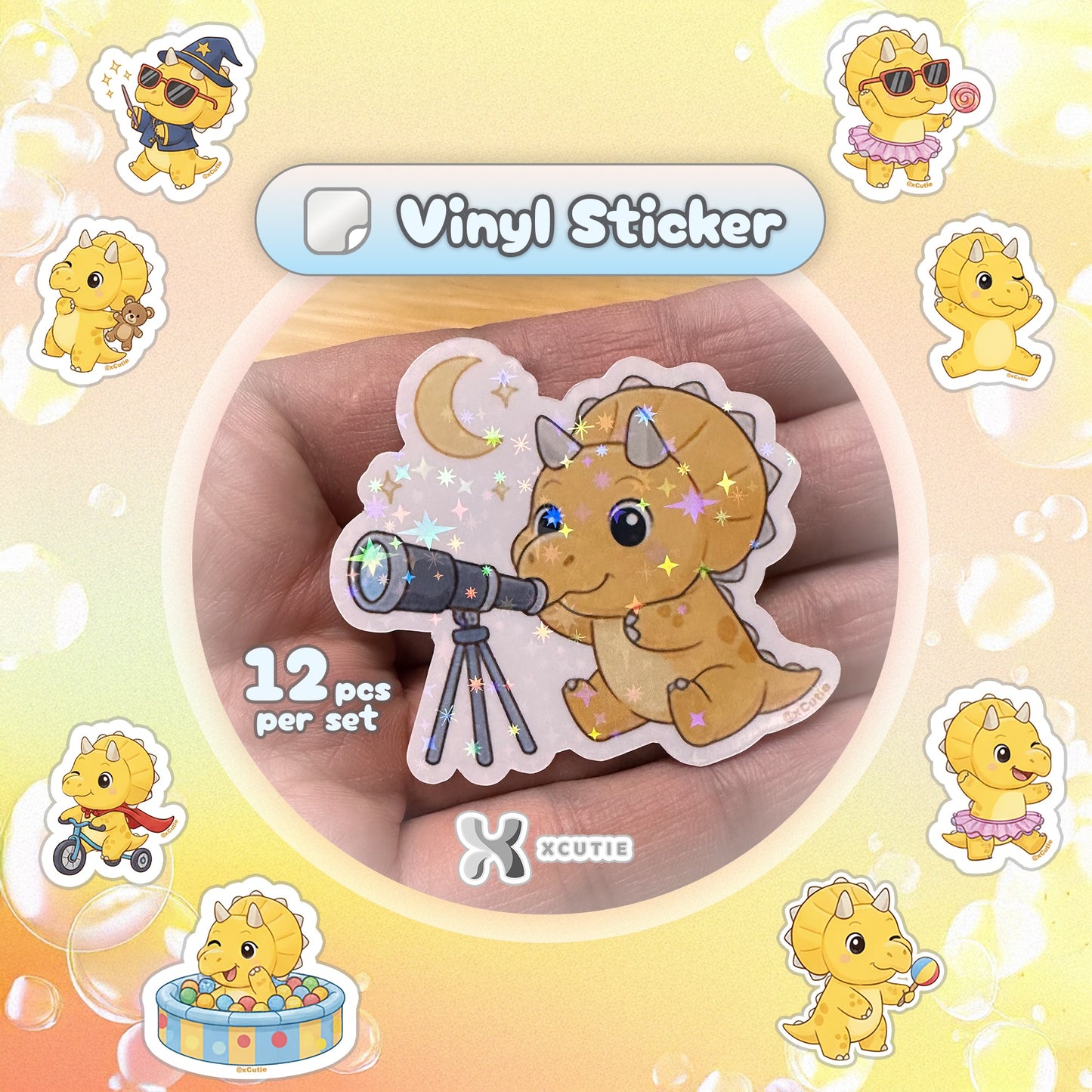 QQ Dino - Triceratops - Dinosaur  Vinyl Sticker Set #03 | 12 pcs/ pack